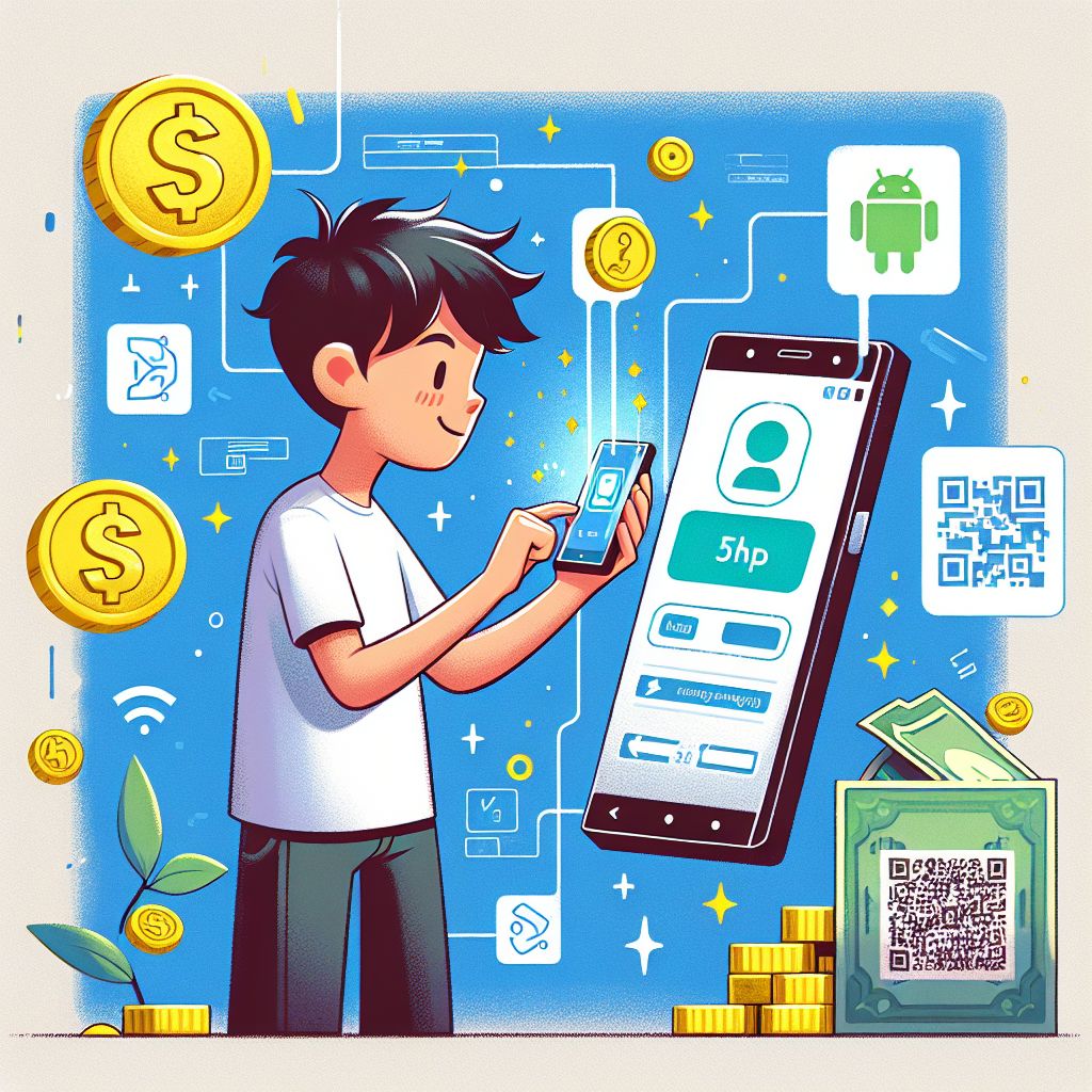 Cartoon character holding a smartphone with a 55kh app screen and KHR symbols