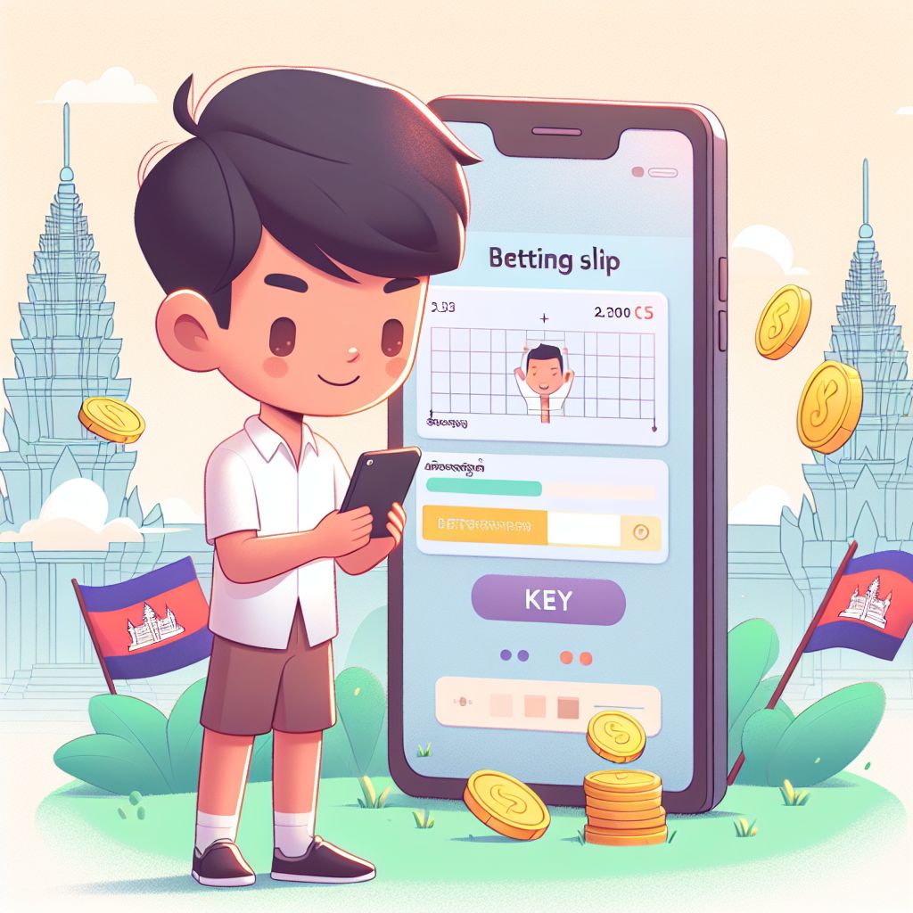 Cartoon sports fan holding a phone with betting slips and KHR coins