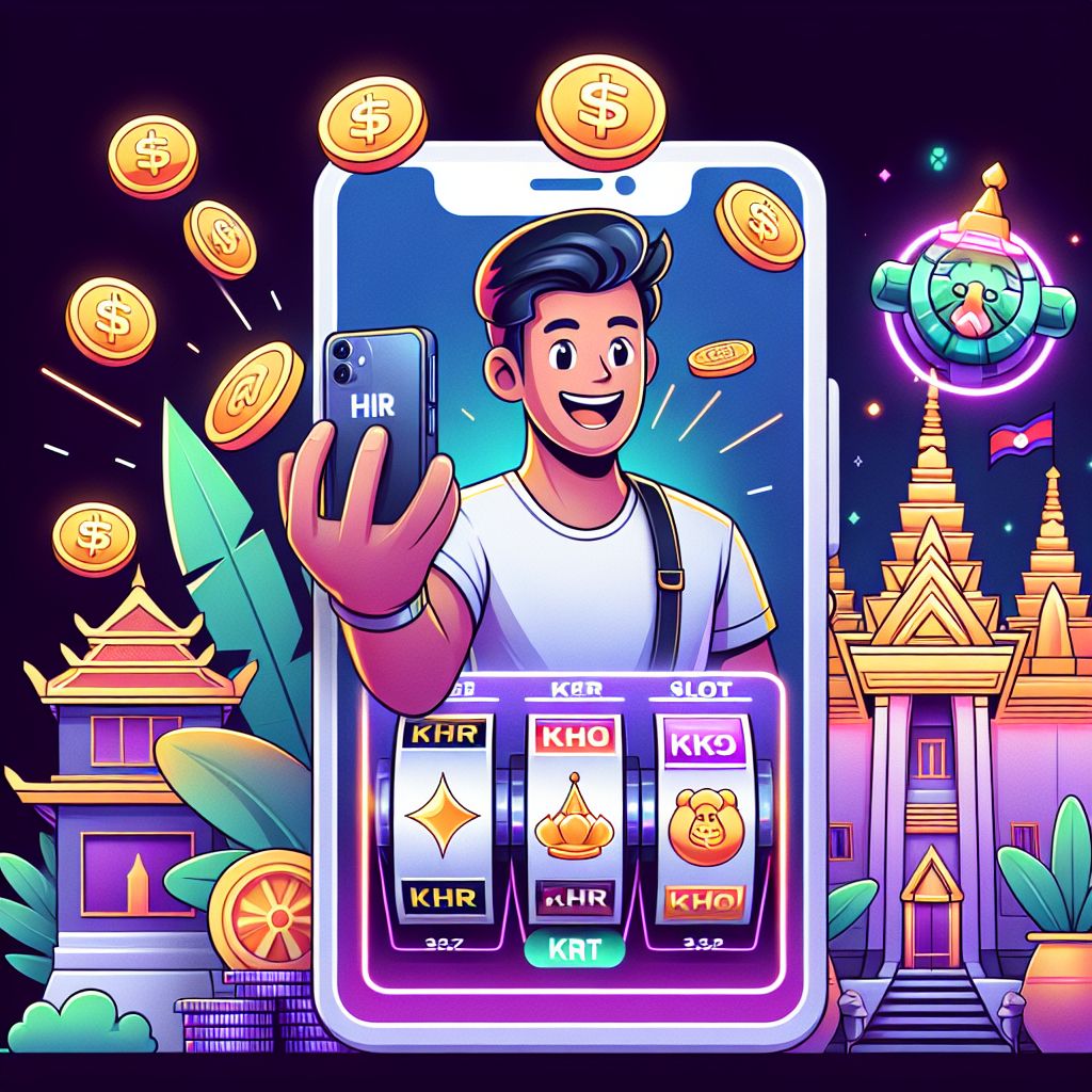 Cartoon casino character holding a phone with slot reels and KHR coins