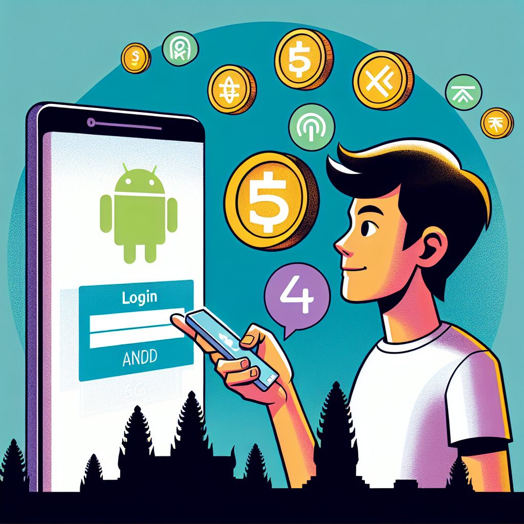 Cartoon character holding a smartphone with a login screen and KHR symbols