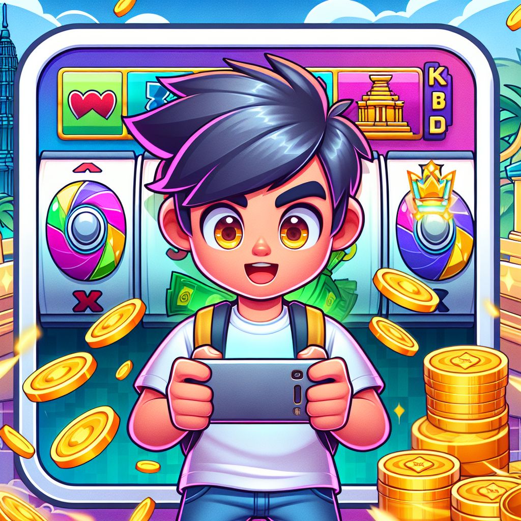 Cartoon gamer holding a phone with slot reels, coins, and a Cambodia city vibe